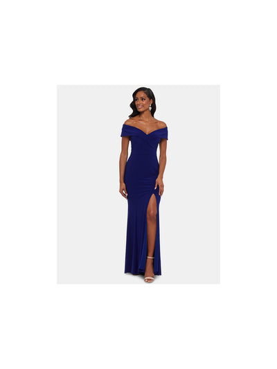 XSCAPE Womens Blue Slitted Pocketed Satin Short Sleeve Off Shoulder Full-Length Evening Fit + Flare Dress 2