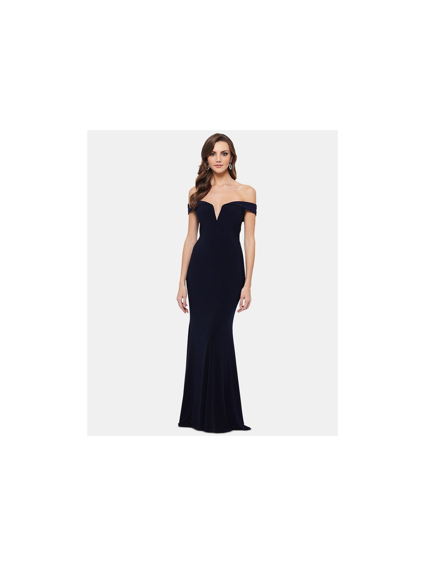 XSCAPE Womens Navy Off Shoulder Full-Length Formal Sheath Dress 2