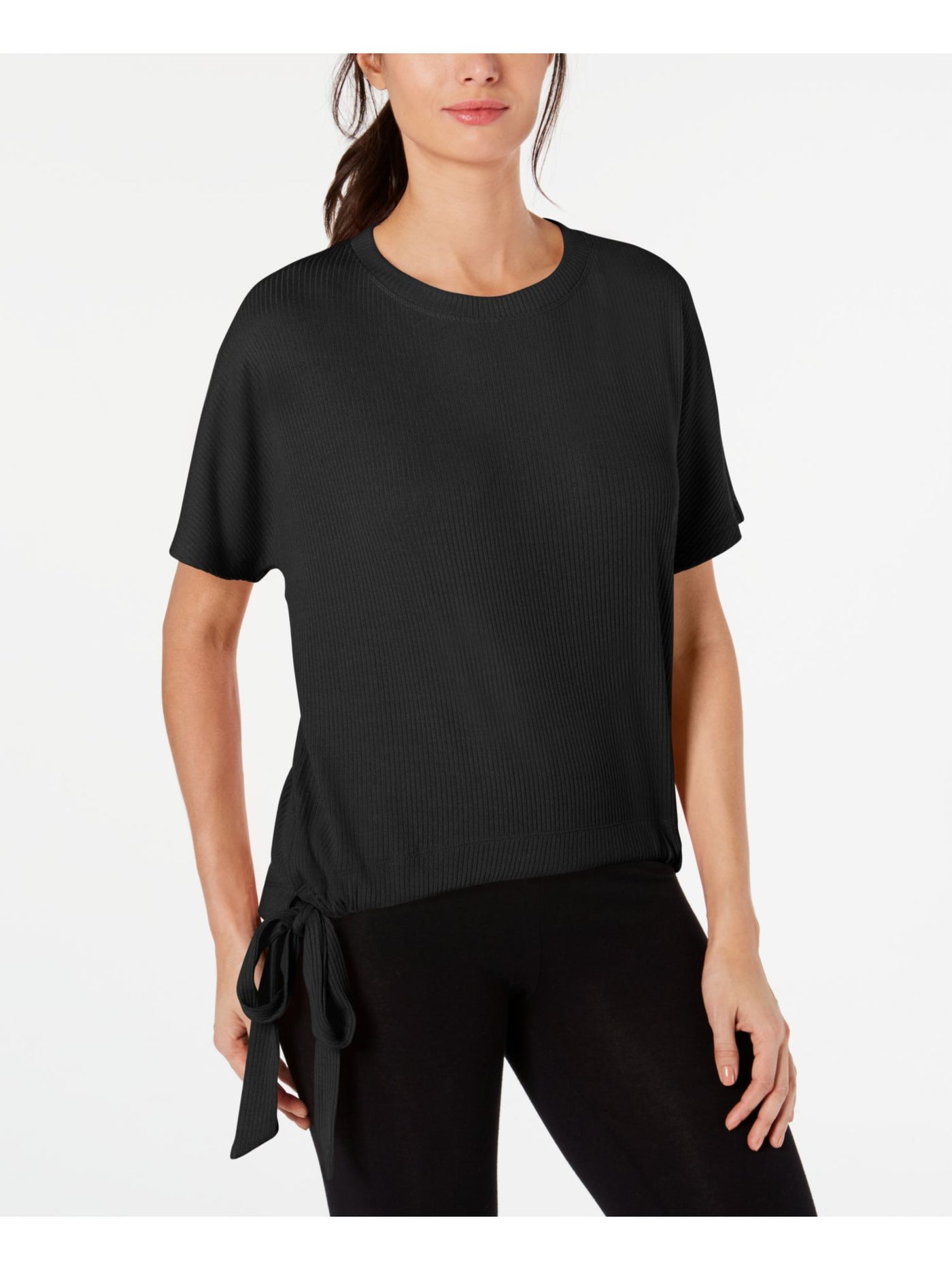 IDEOLOGY Womens Black Ribbed Pinstripe Short Sleeve Jewel Neck T-Shirt XS