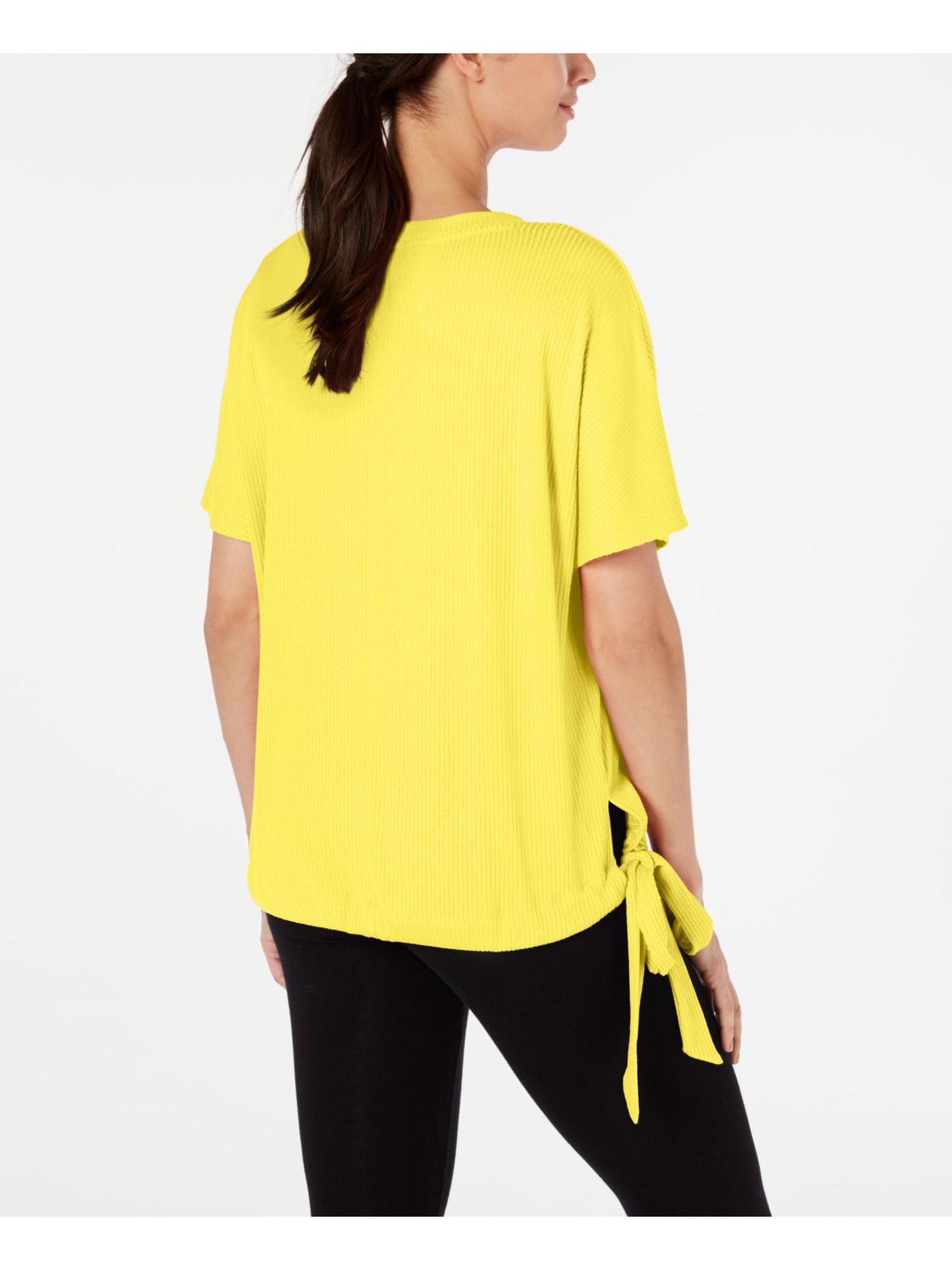 IDEOLOGY Womens Yellow Ribbed Patterned Short Sleeve Jewel Neck T-Shirt XS