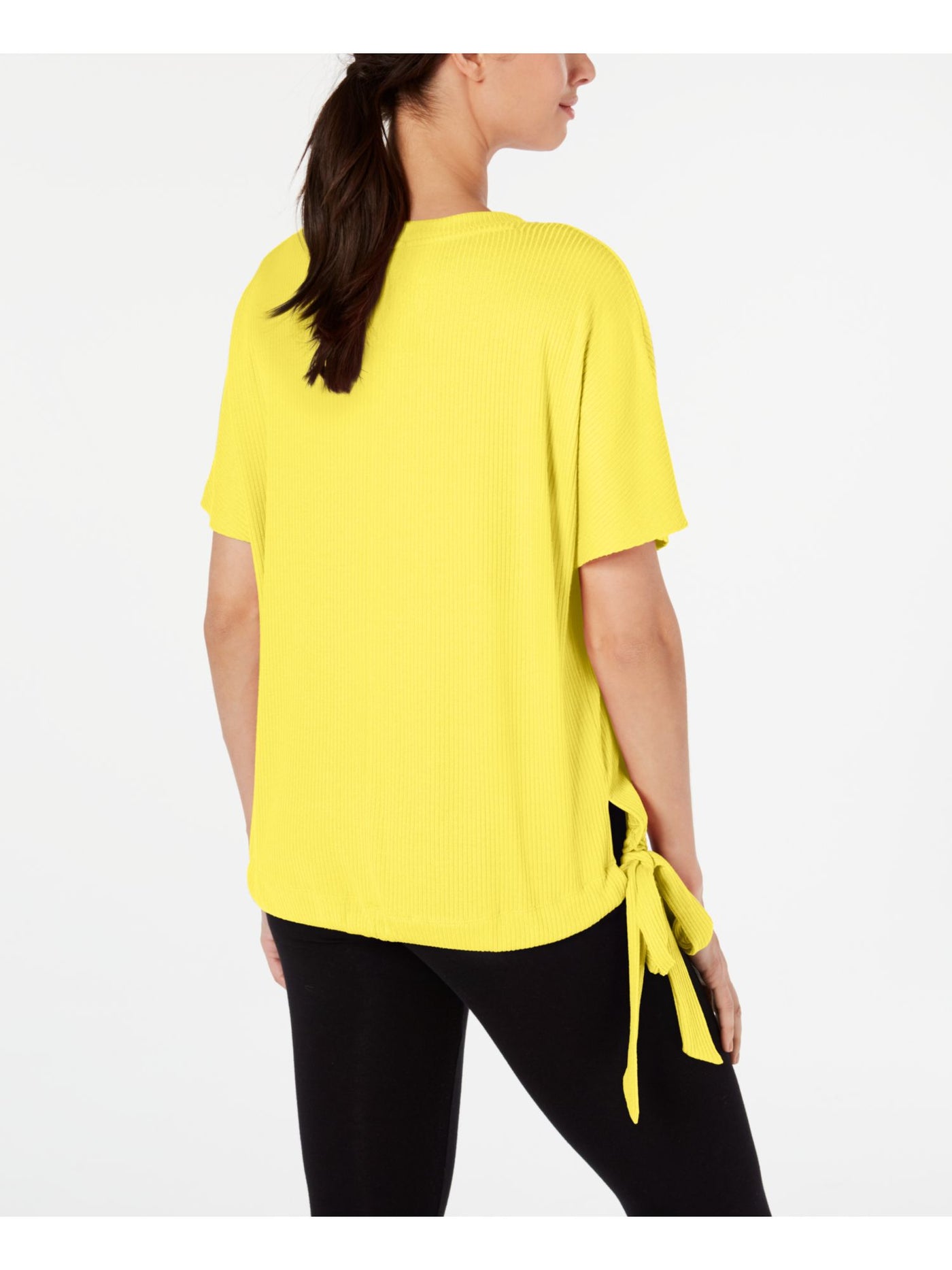 IDEOLOGY Womens Yellow Ribbed Patterned Short Sleeve Jewel Neck T-Shirt S