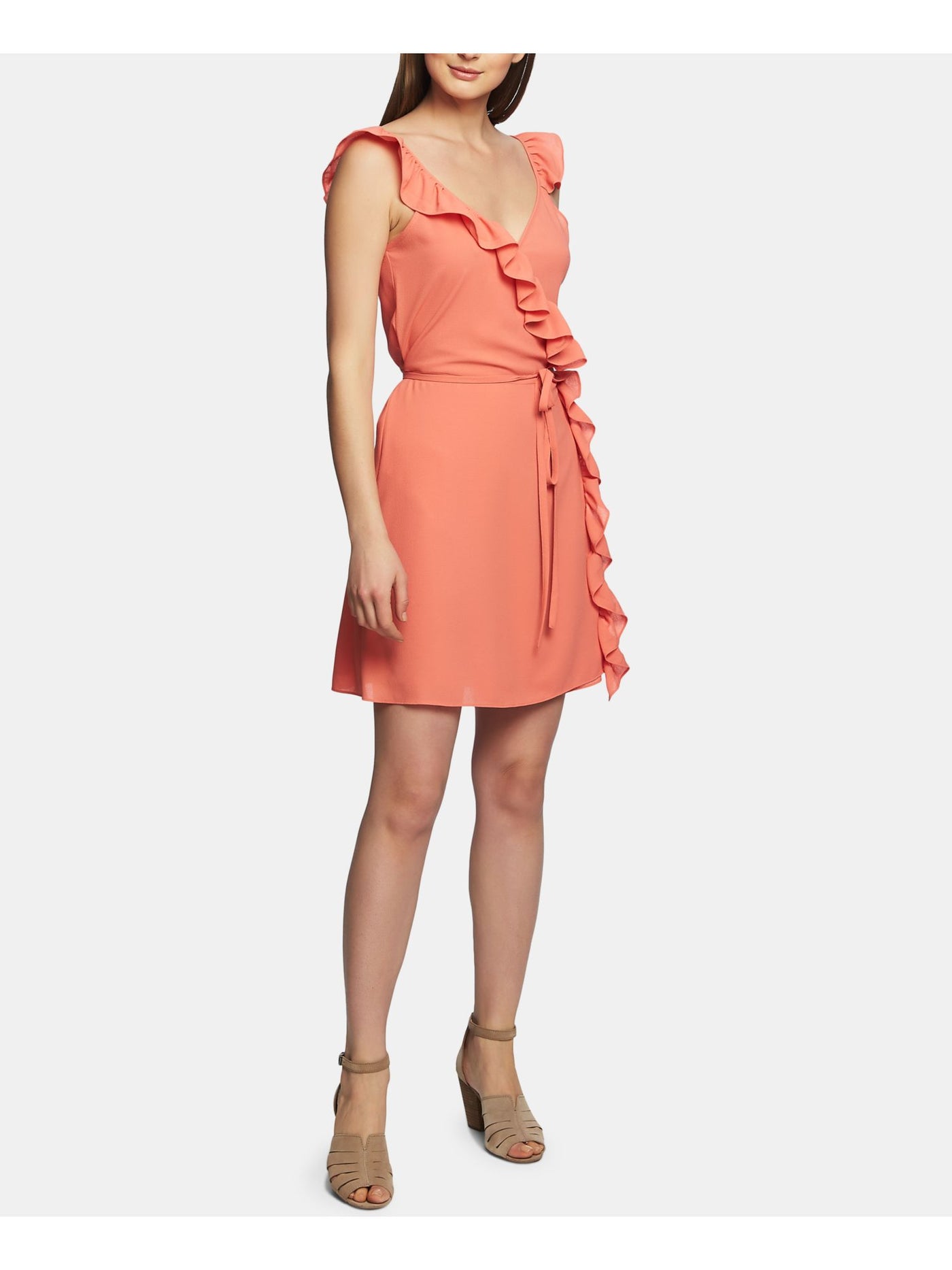 1. STATE Womens Ruffled Sleeveless V Neck Above The Knee Party Wrap Dress