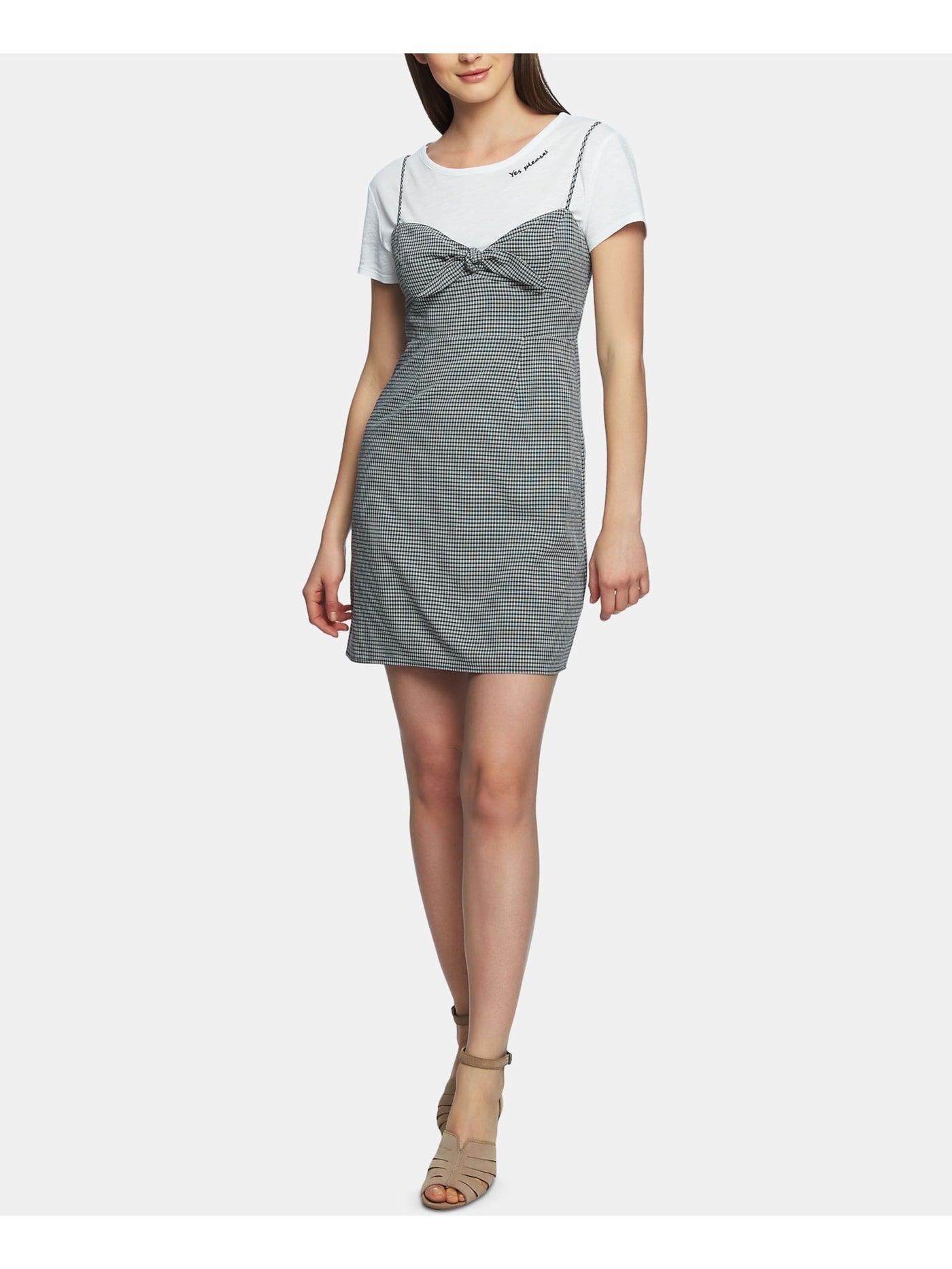 1. STATE Womens Spaghetti Strap V Neck Above The Knee Fit + Flare Dress