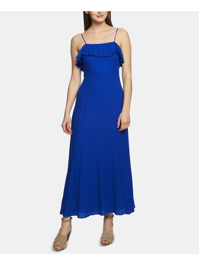 1. STATE Womens Blue Ruffled Spaghetti Strap Square Neck Maxi Sheath Dress 0