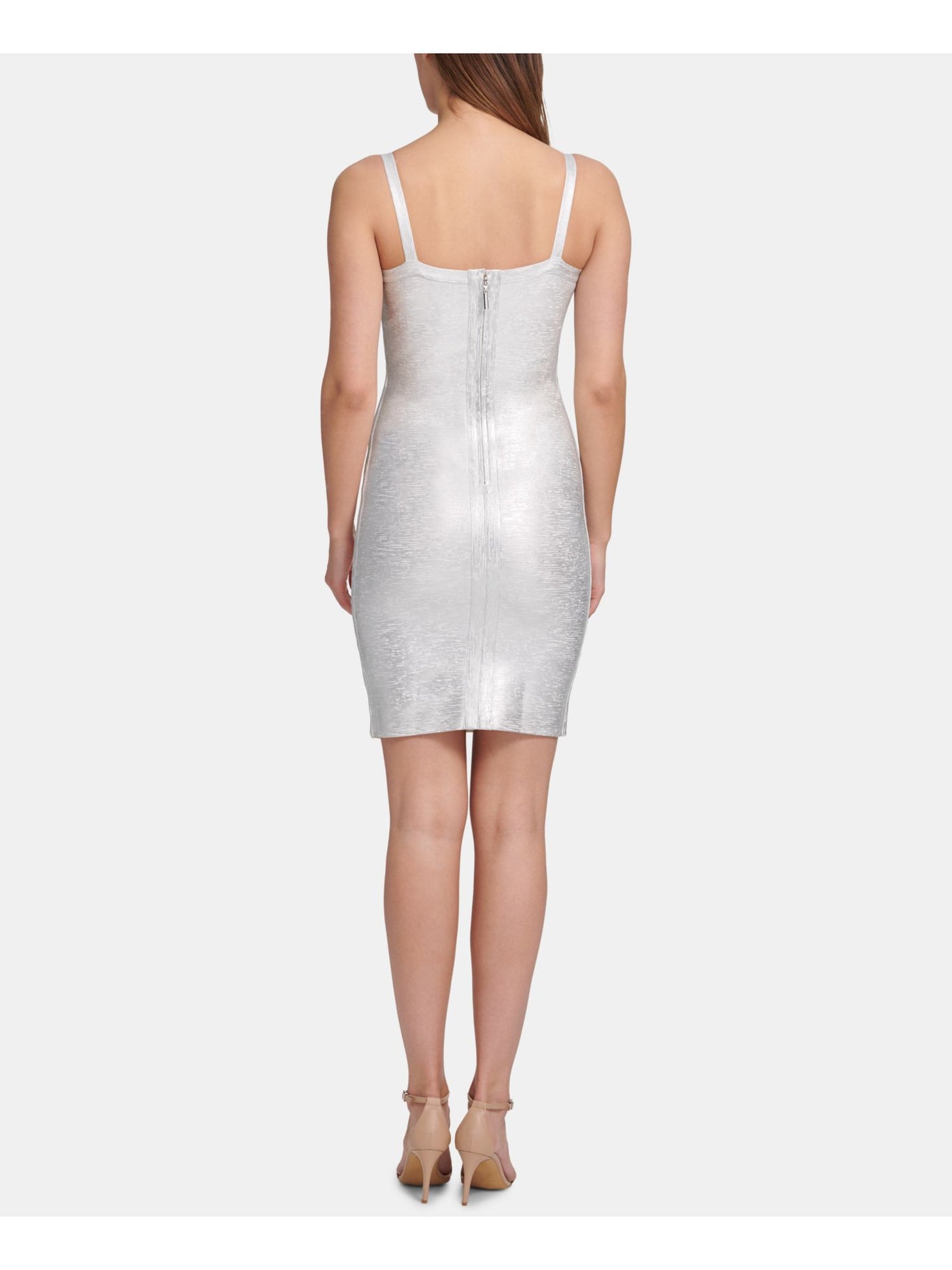 MARCIANO Womens Silver Zippered Spaghetti Strap Above The Knee Party Body Con Dress XS