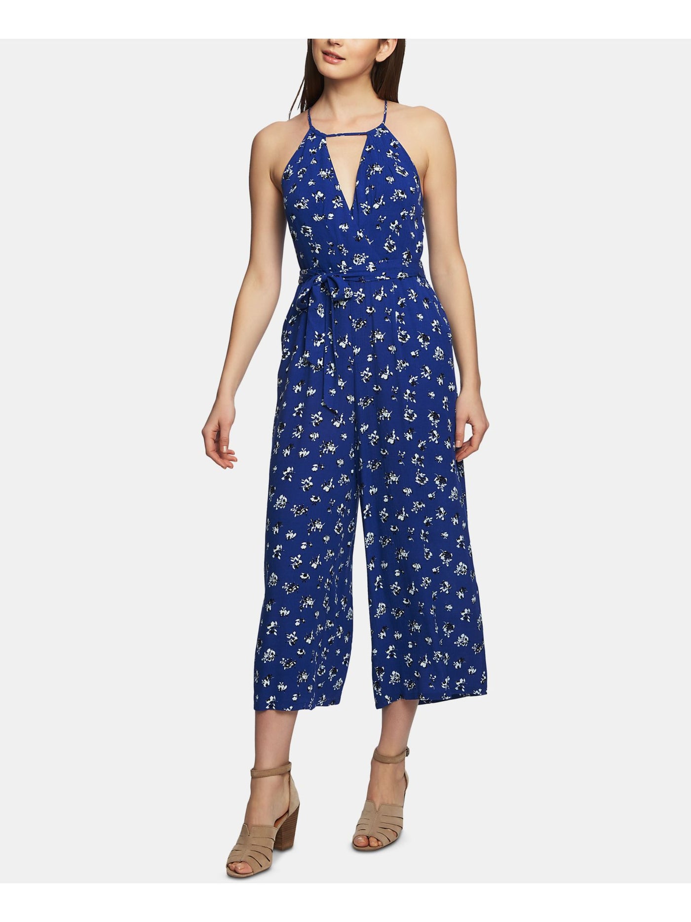 1. STATE Womens Blue Floral Spaghetti Strap Keyhole Wide Leg Jumpsuit 0