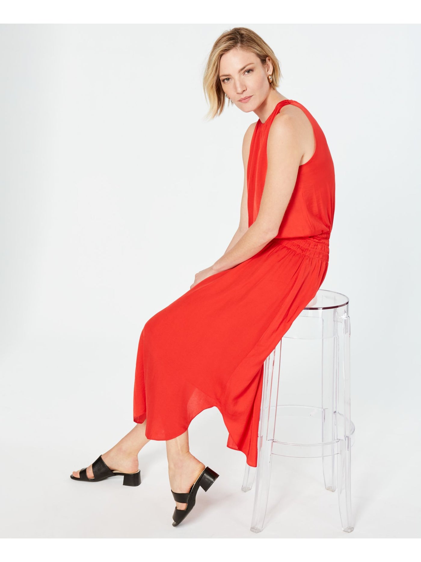 ALFANI Womens Red Ruffled Sleeveless Jewel Neck Midi Sheath Dress Plus Size: 2X