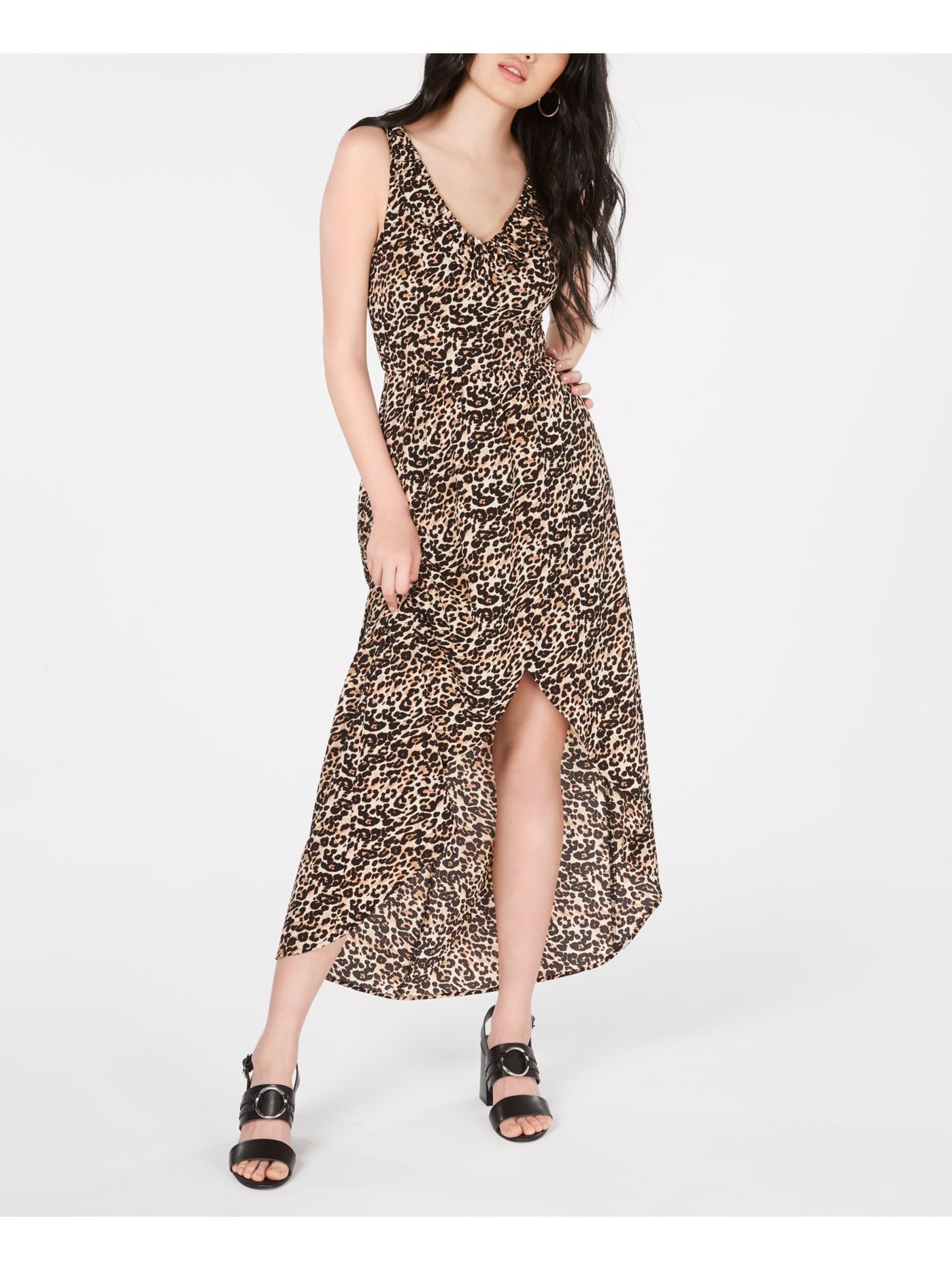 CRYSTAL DOLLS Womens Brown Animal Print Sleeveless V Neck Maxi Hi-Lo Dress 3