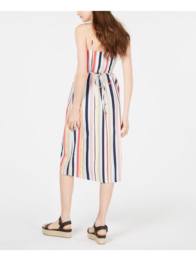 EMERALD SUNDAE Womens White Belted Slitted Button Front Striped Spaghetti Strap Sweetheart Neckline Below The Knee Dress XS
