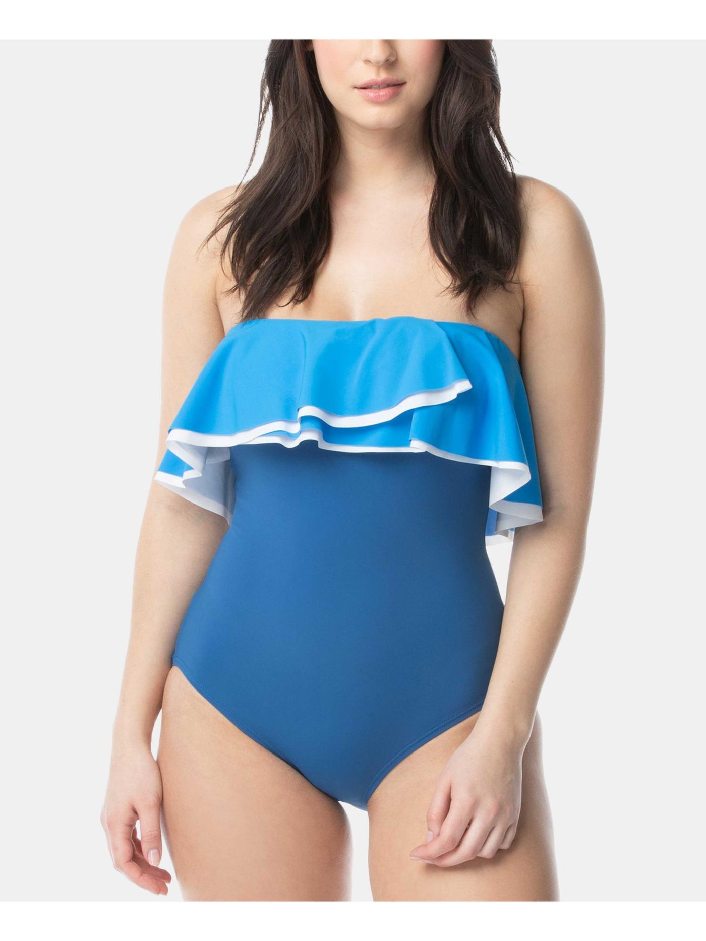 CONTOURS Women's Blue Stretch Removable Straps And Cups Molded Cup Moderate Coverage Bandeau One Piece Swimsuit 12 36D