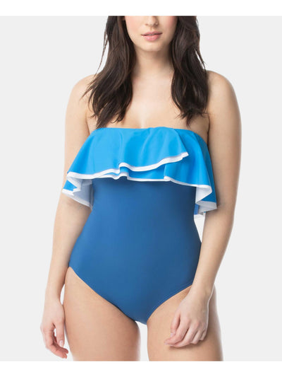 CONTOURS Women's Blue Stretch Removable Straps And Cups Molded Cup Moderate Coverage Bandeau One Piece Swimsuit 12 36D
