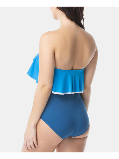CONTOURS Women's Blue Stretch Removable Straps And Cups Molded Cup Moderate Coverage Bandeau One Piece Swimsuit 12 36D