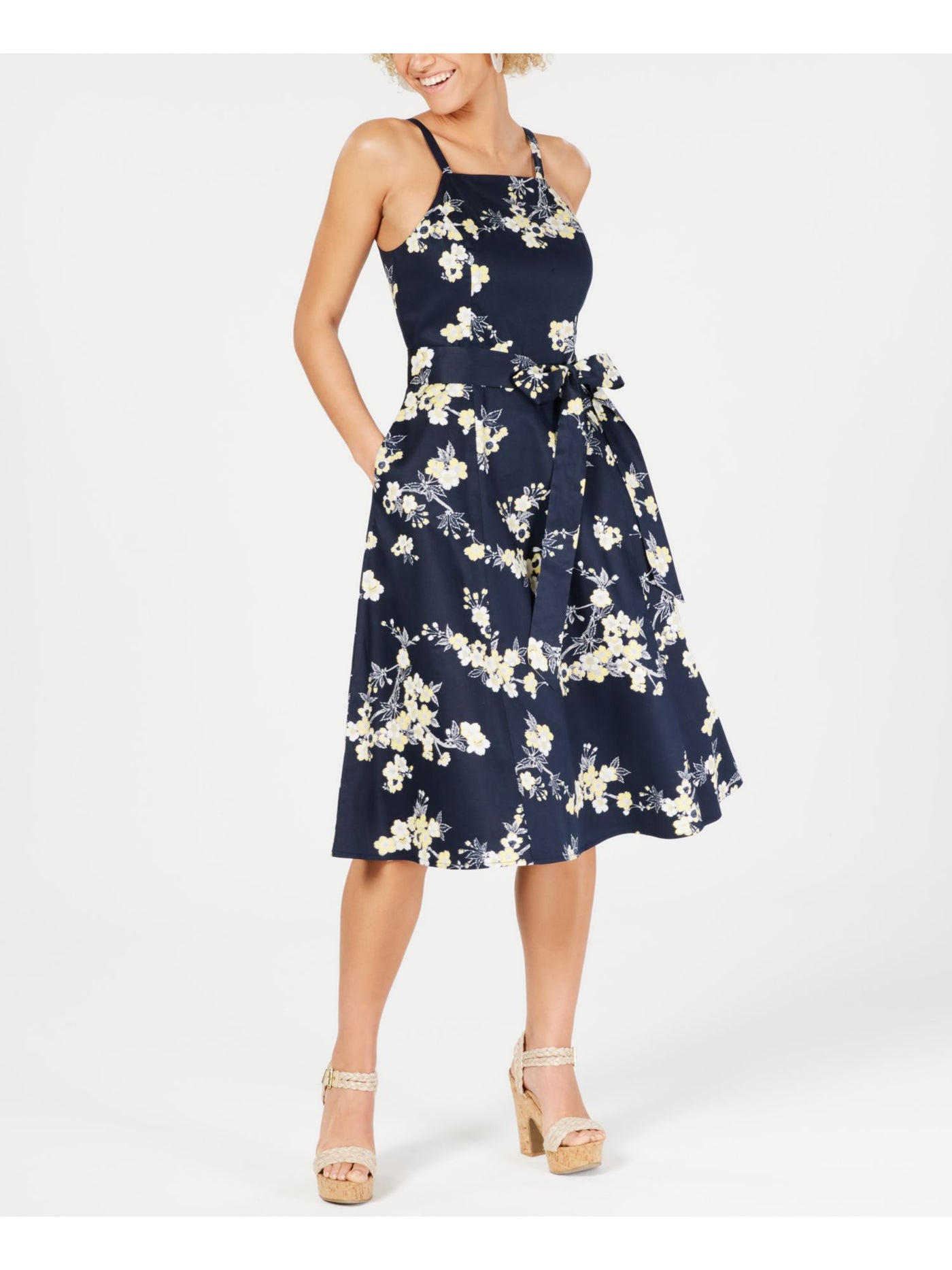 RACHEL ROY Womens Navy Floral Sleeveless Square Neck Midi Formal Fit + Flare Dress 0