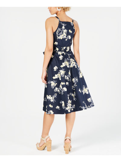 RACHEL ROY Womens Navy Floral Sleeveless Square Neck Midi Formal Fit + Flare Dress 0
