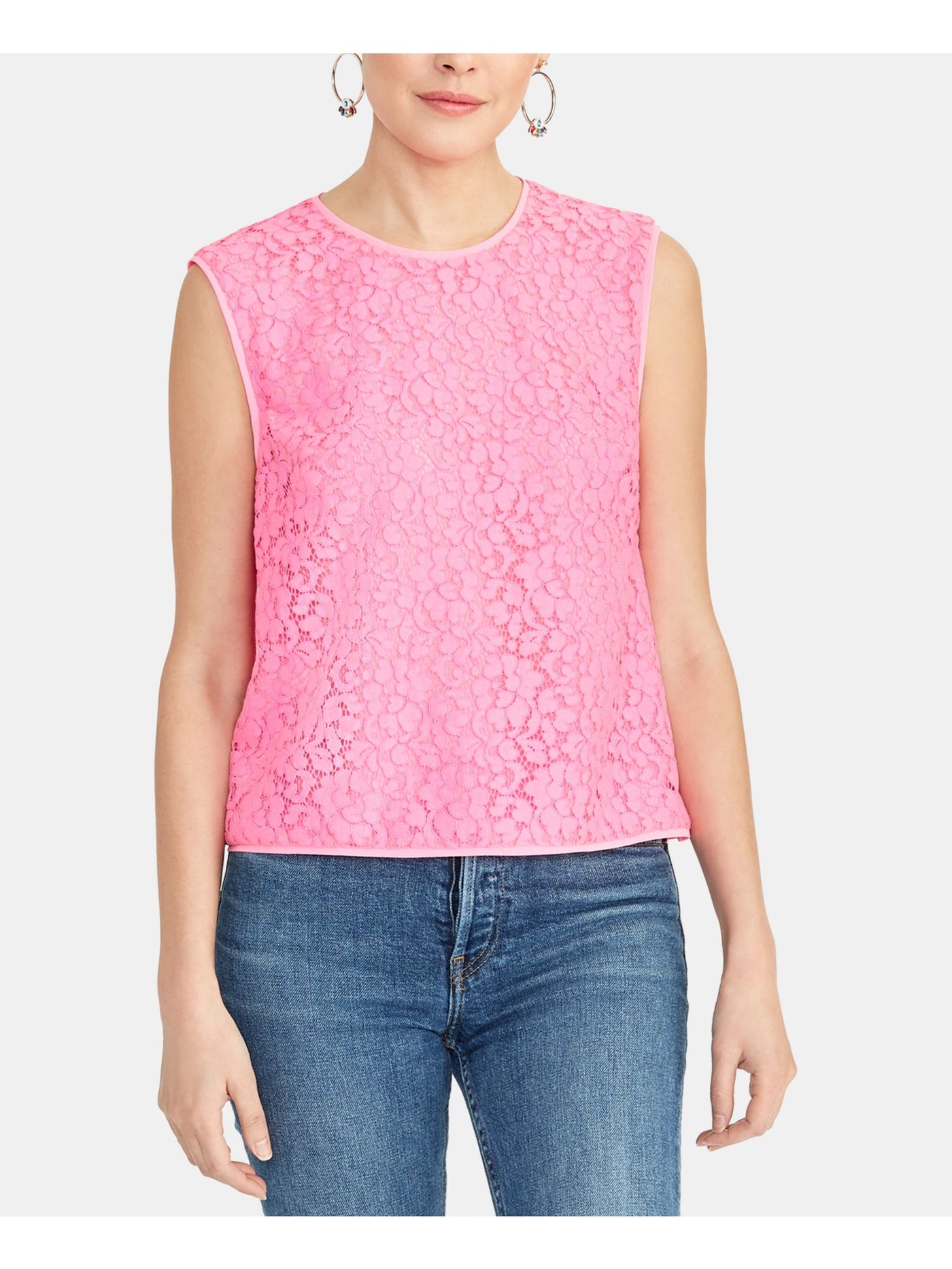 RACHEL ROY Womens Pink Lace Cap Sleeve Crew Neck Top S