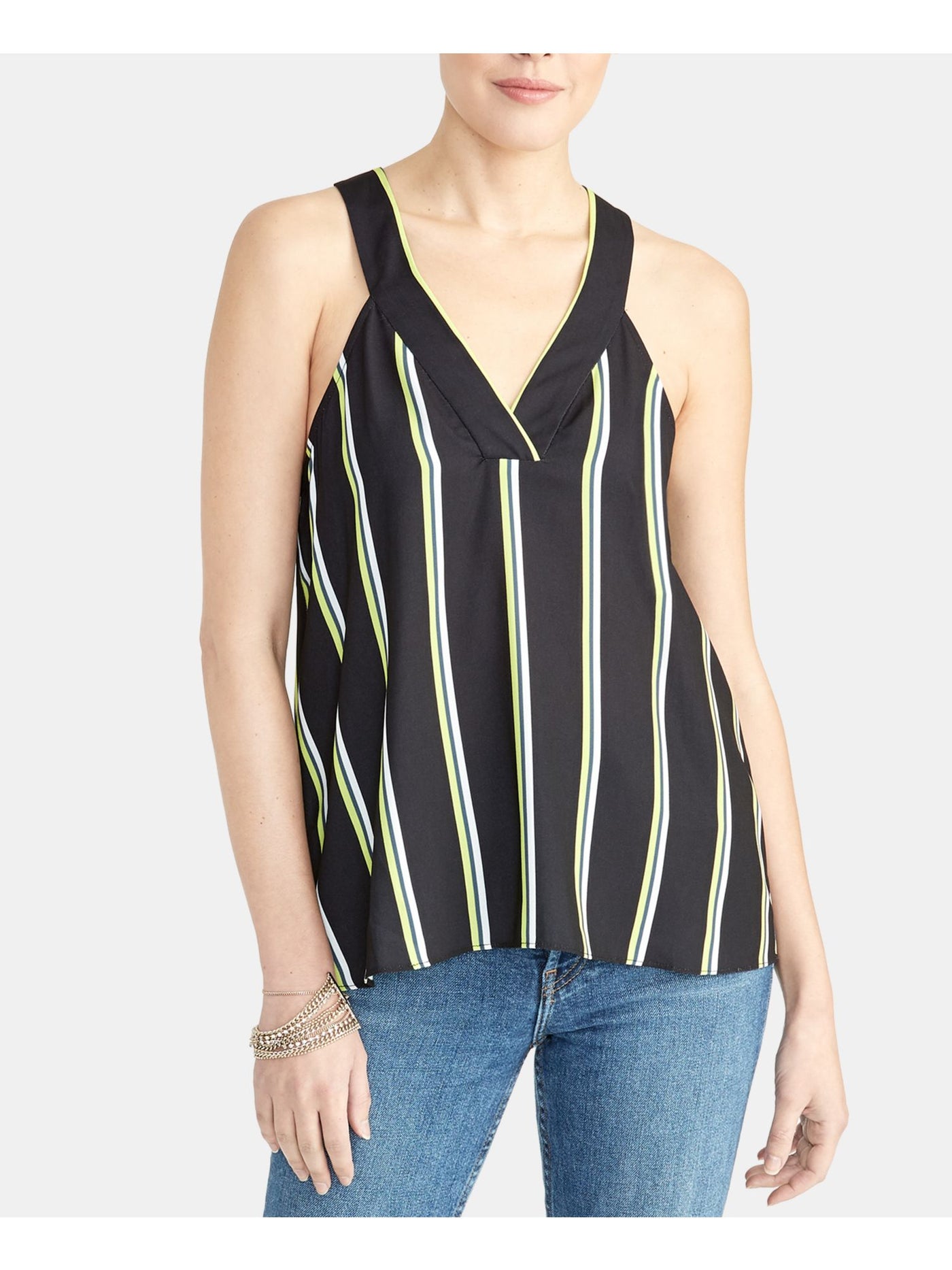 RACHEL ROY Womens Black Striped V Neck Blouse M