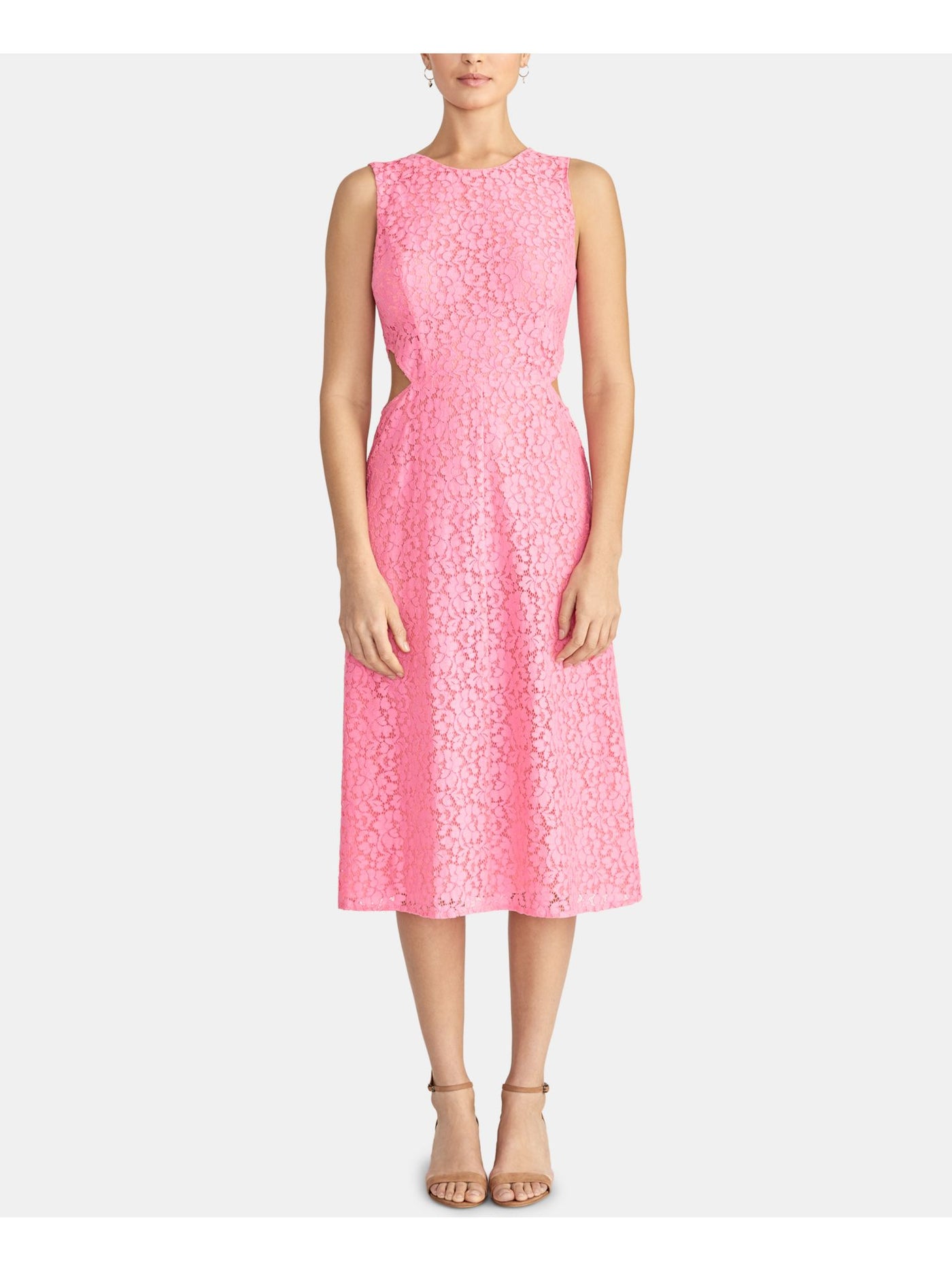 RACHEL ROY Womens Pink Lace Sleeveless Jewel Neck Midi Evening Fit + Flare Dress 2