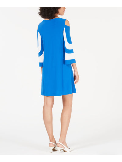 ALFANI Womens Blue Cold Shoulder Color Block Bell Sleeve Jewel Neck Short Shift Dress XXL