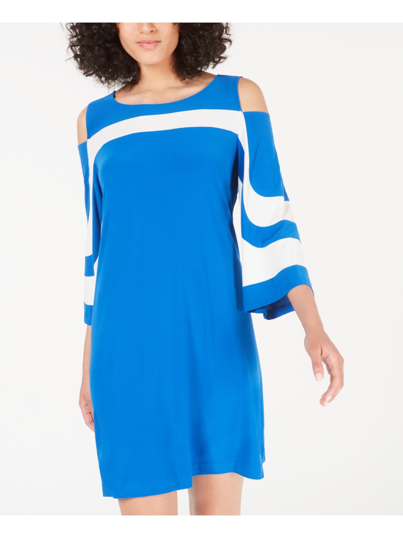 ALFANI Womens Blue Cold Shoulder Color Block Bell Sleeve Jewel Neck Short Shift Dress XXL