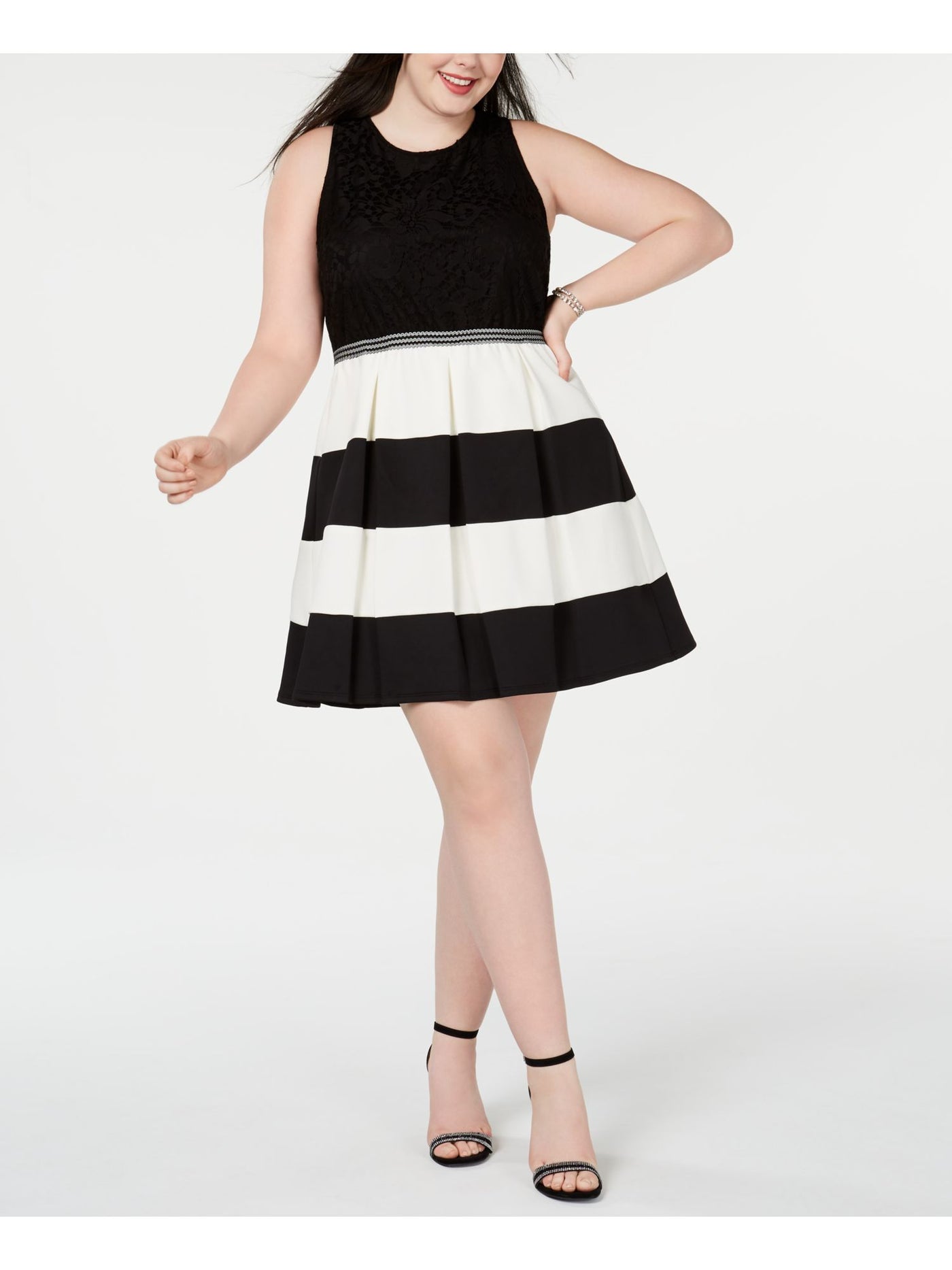 SPEECHLESS Womens Black Striped Sleeveless Jewel Neck Above The Knee Fit + Flare Dress Juniors 18