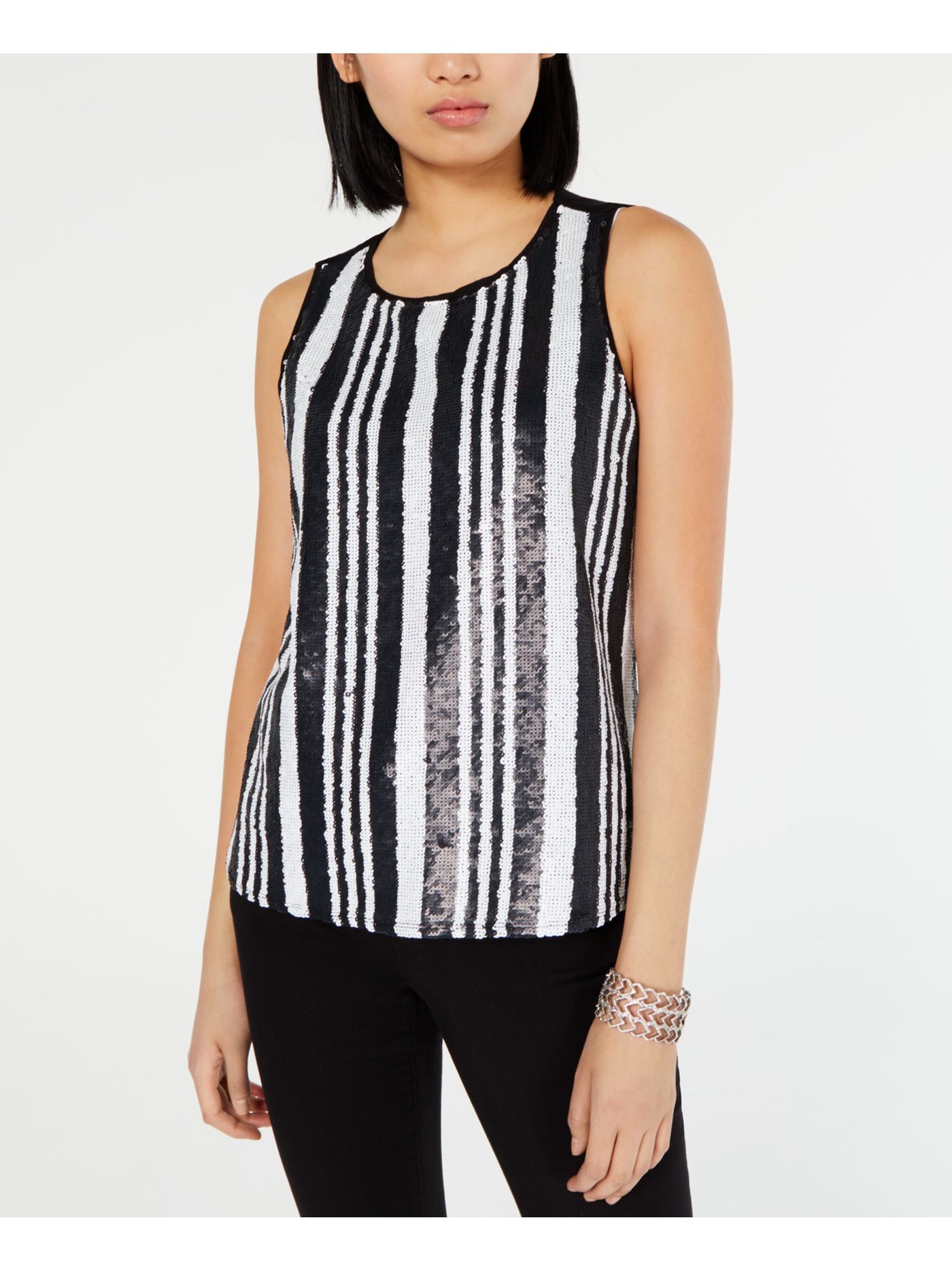 INC Womens Black Sequined Striped Sleeveless Jewel Neck Top M