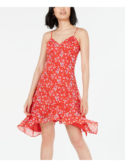 19 COOPER Womens Red Zippered Asymmetrical Floral Spaghetti Strap V Neck Knee Length Dress S