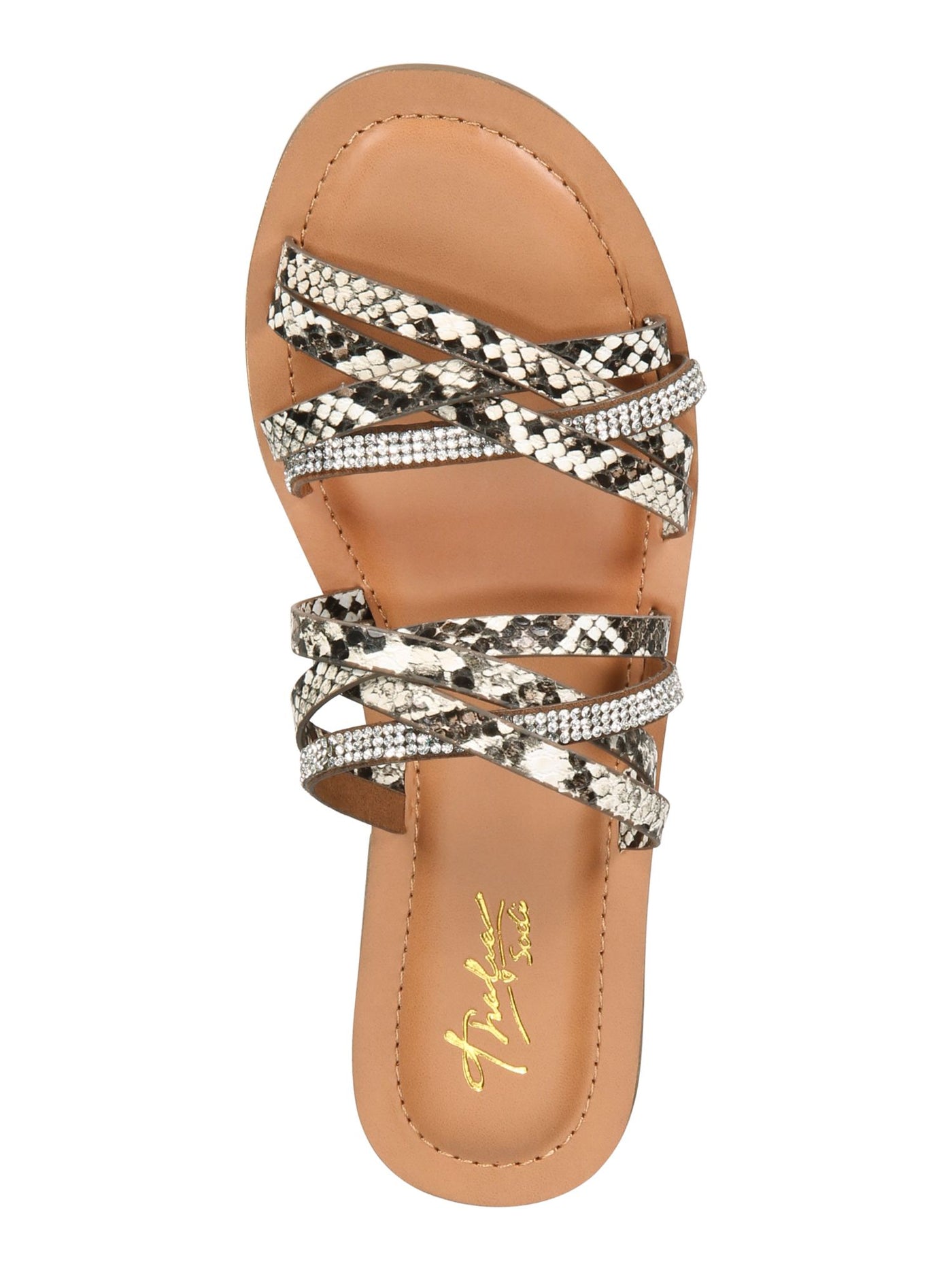 THALIA SODI Womens Beige Snake Print Strappy Rhinestone Marlina Round Toe Slip On Sandals 8.5 M