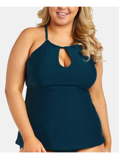 RAISINS CURVE Women's Teal Stretch Keyhole Lined Strappy-BAck Rosalie High Neck Tankini Swimsuit Top 14W