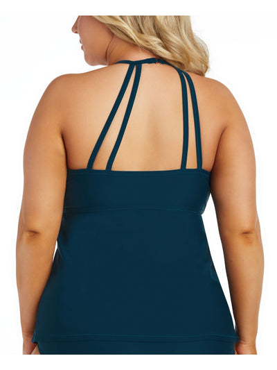 RAISINS CURVE Women's Teal Stretch Keyhole Lined Strappy-BAck Rosalie High Neck Tankini Swimsuit Top 14W