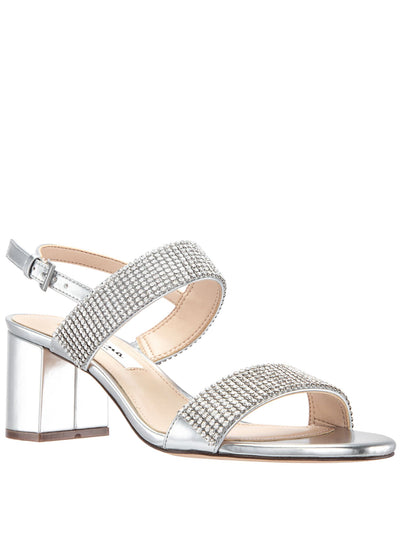 NINA Womens Silver Padded Rhinestone Adjustable Strap Naomi Almond Toe Block Heel Buckle Slingback Sandal 6.5 M