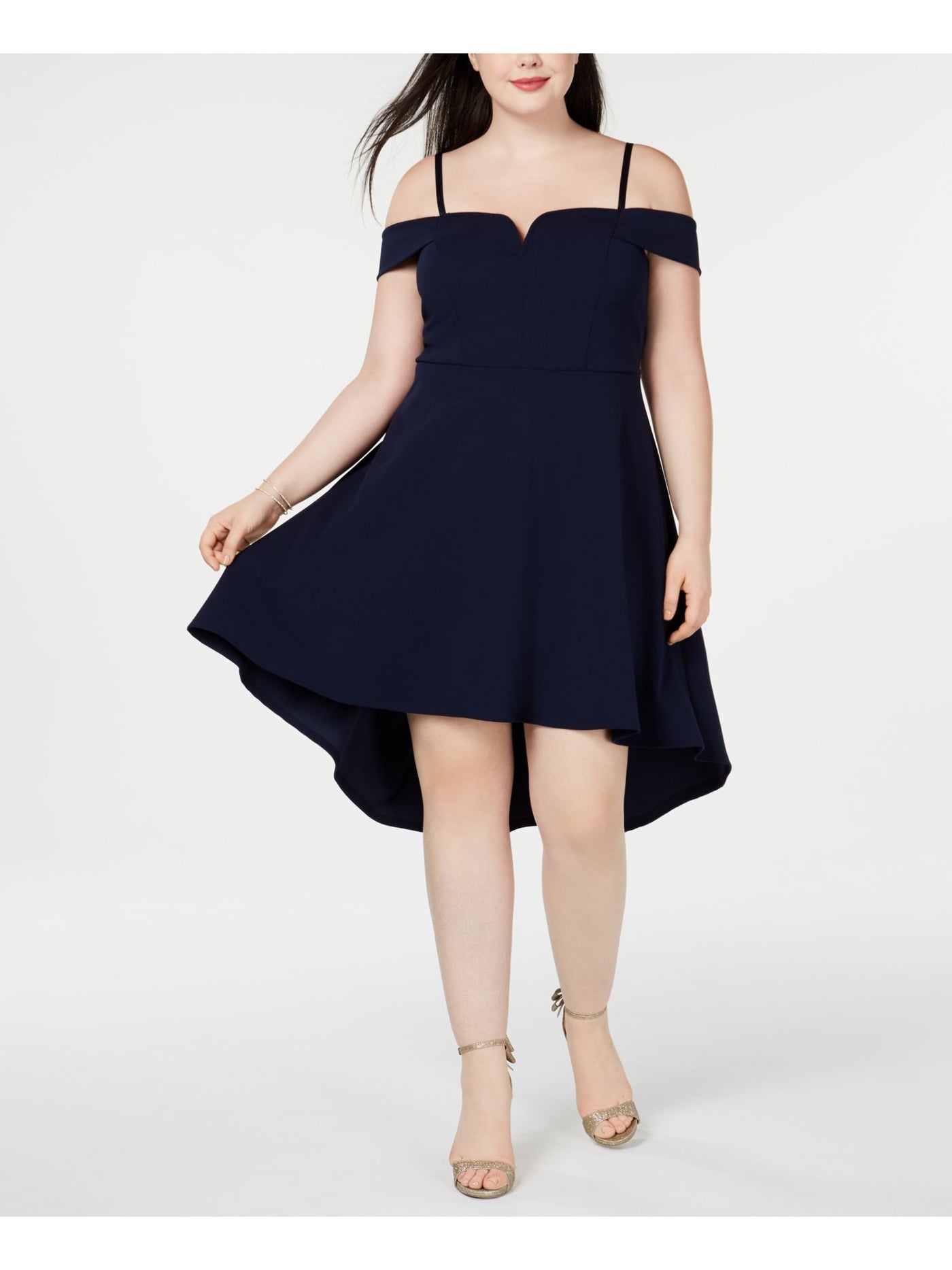 CITY STUDIO Womens Navy Cold Shoulder Spaghetti Strap Off Shoulder Midi Fit + Flare Prom Dress 20W