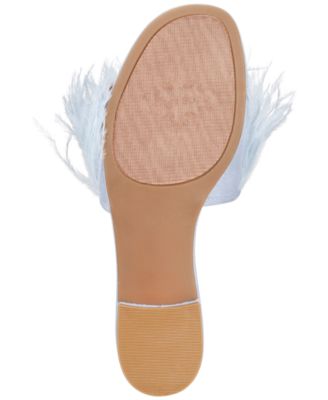ZIGI SOHO Womens Blue Cushioned Feather Accent Taylah Round Toe Block Heel Slip On Slide Sandals Shoes M