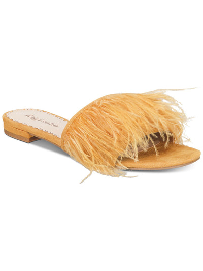 ZIGI SOHO Womens Yellow Cushioned Feather Accent Taylah Round Toe Block Heel Slip On Slide Sandals Shoes 5 M