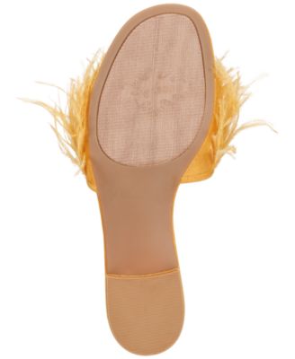 ZIGI SOHO Womens Yellow Cushioned Feather Accent Taylah Round Toe Block Heel Slip On Slide Sandals Shoes M
