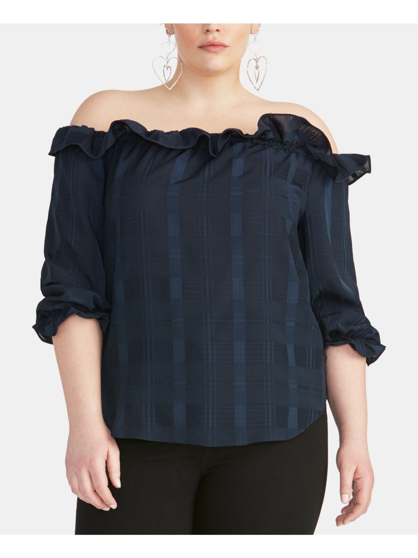 RACHEL RACHEL ROY Womens Navy Ruffled Partially Lined 3/4 Sleeve Off Shoulder Wear To Work Top Plus 0X