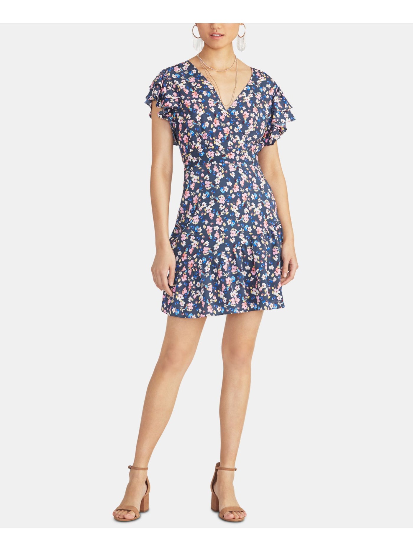 RACHEL ROY Womens Blue Floral Short Sleeve V Neck Above The Knee Sheath Dress 4