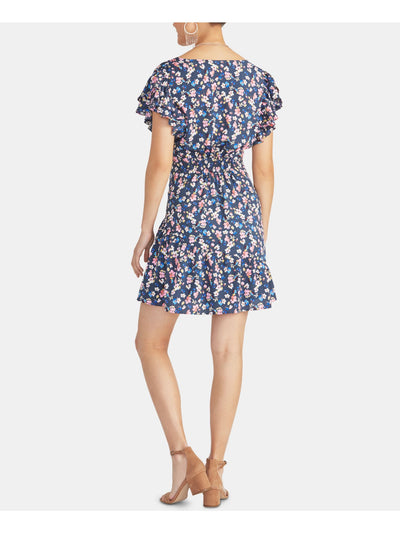 RACHEL ROY Womens Blue Floral Short Sleeve V Neck Above The Knee Sheath Dress 4