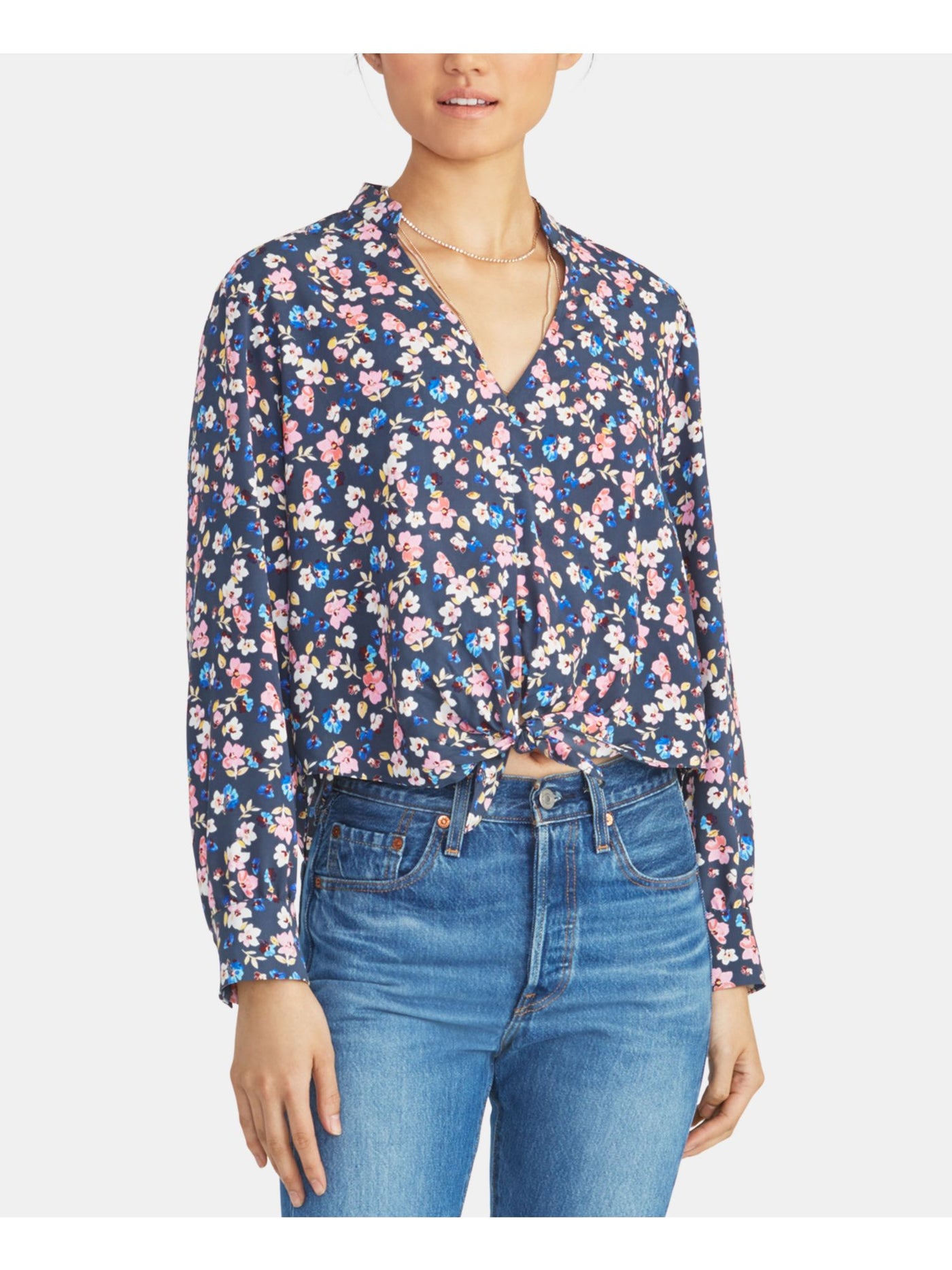 RACHEL ROY Womens Blue Tie Front Floral Long Sleeve V Neck Blouse XS