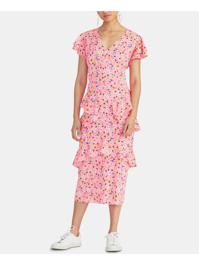 RACHEL ROY Womens Pink Ruffled Floral Short Sleeve V Neck Tea-Length Sheath Dress 10