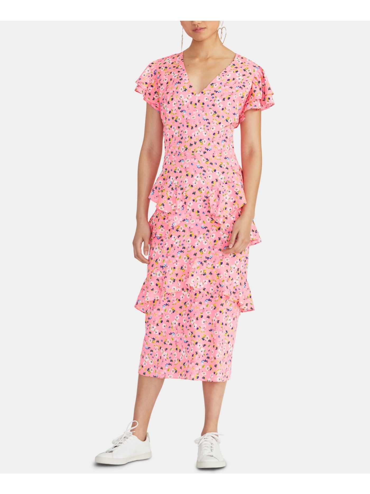 RACHEL ROY Womens Pink Ruffled Floral Short Sleeve V Neck Tea-Length Sheath Dress 2