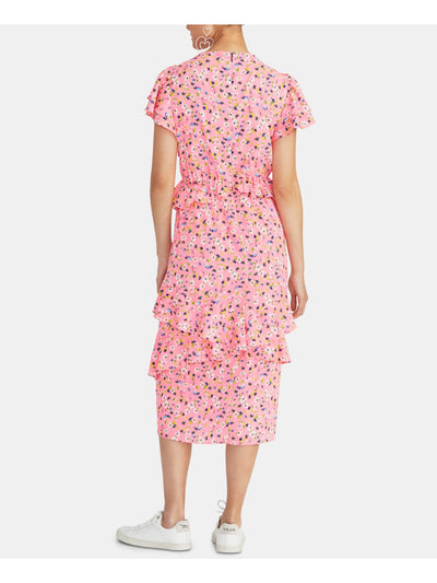 RACHEL ROY Womens Pink Ruffled Floral Short Sleeve V Neck Tea-Length Sheath Dress 0