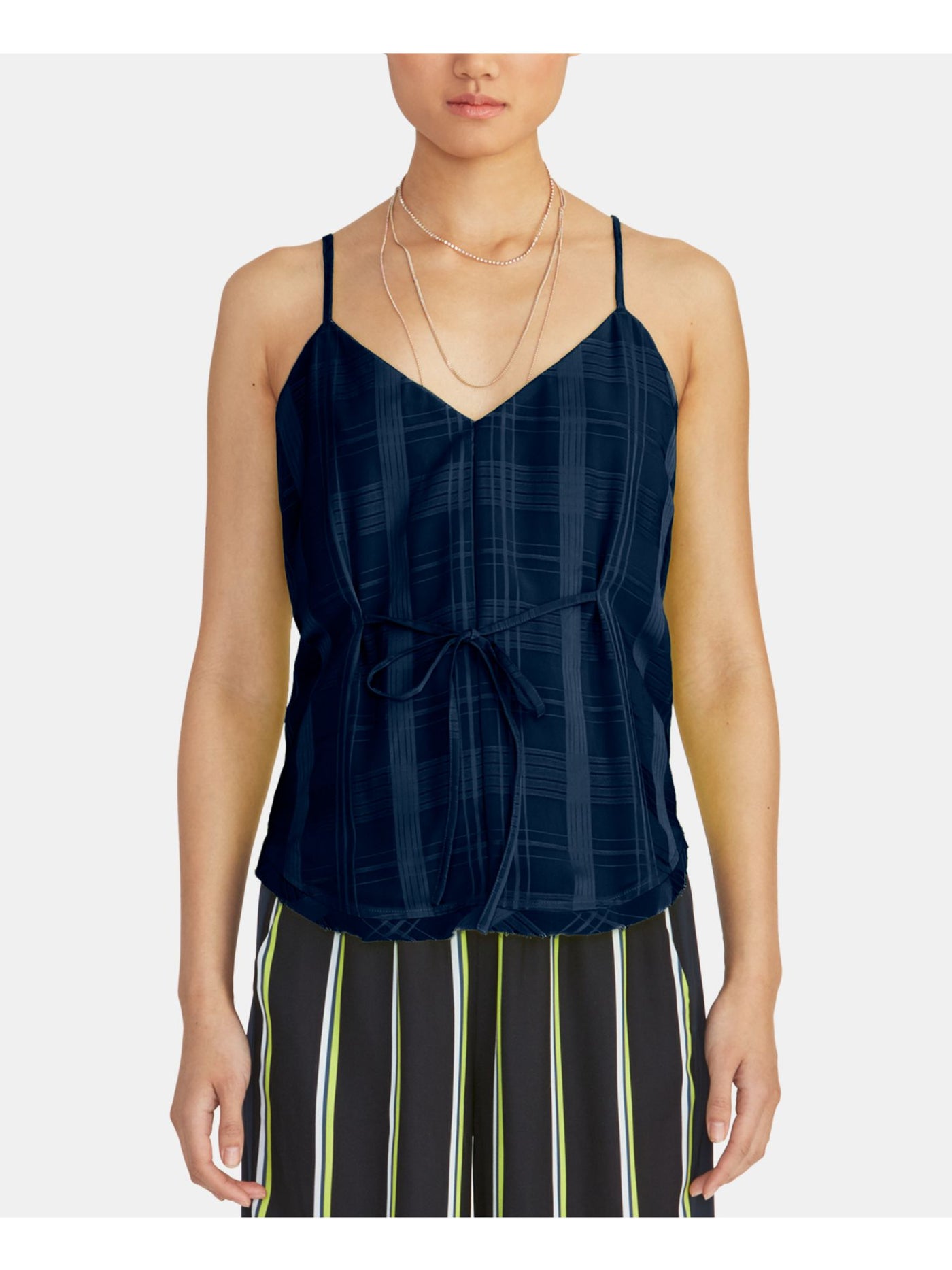 RACHEL ROY Womens Navy Plaid Spaghetti Strap V Neck Top Size: L