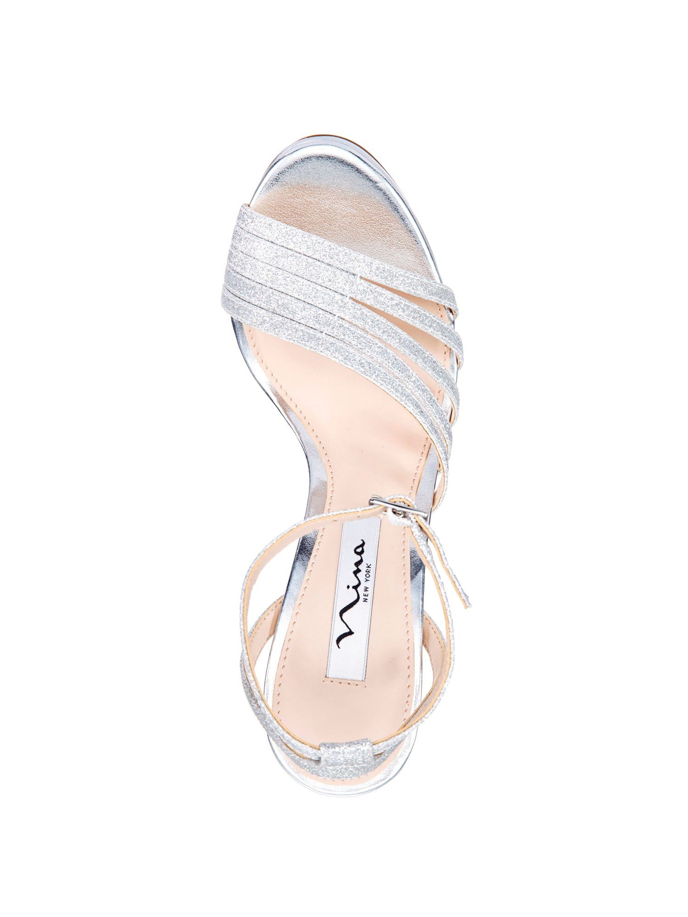 NINA Womens Silver 1 1/4" Platform Strappy Glitter Adjustable Strap Padded Starla Round Toe Stiletto Buckle Dress Sandals Shoes 8.5 M