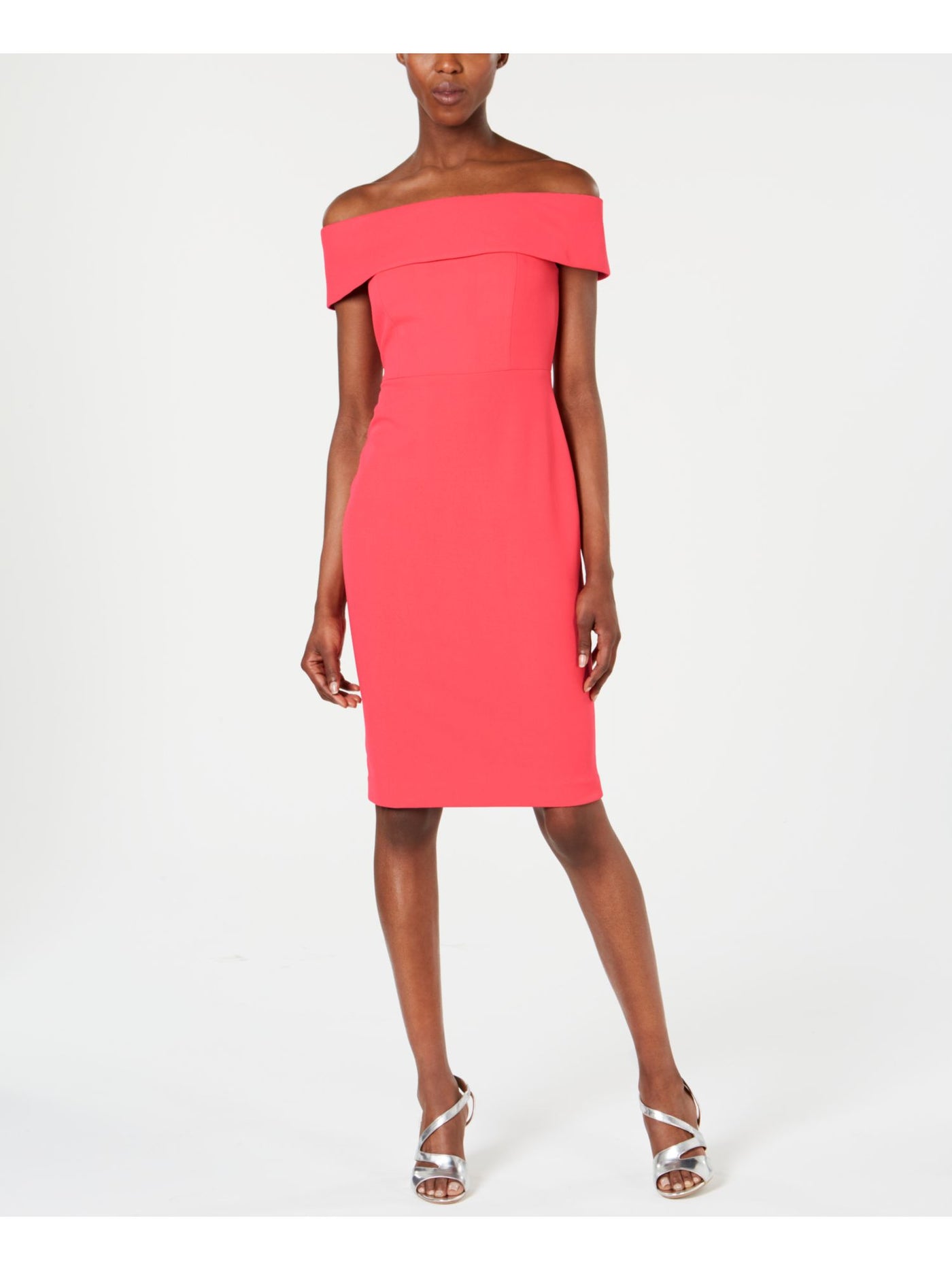 CALVIN KLEIN Womens Coral Zippered Off Shoulder Above The Knee Evening Sheath Dress Petites 10P