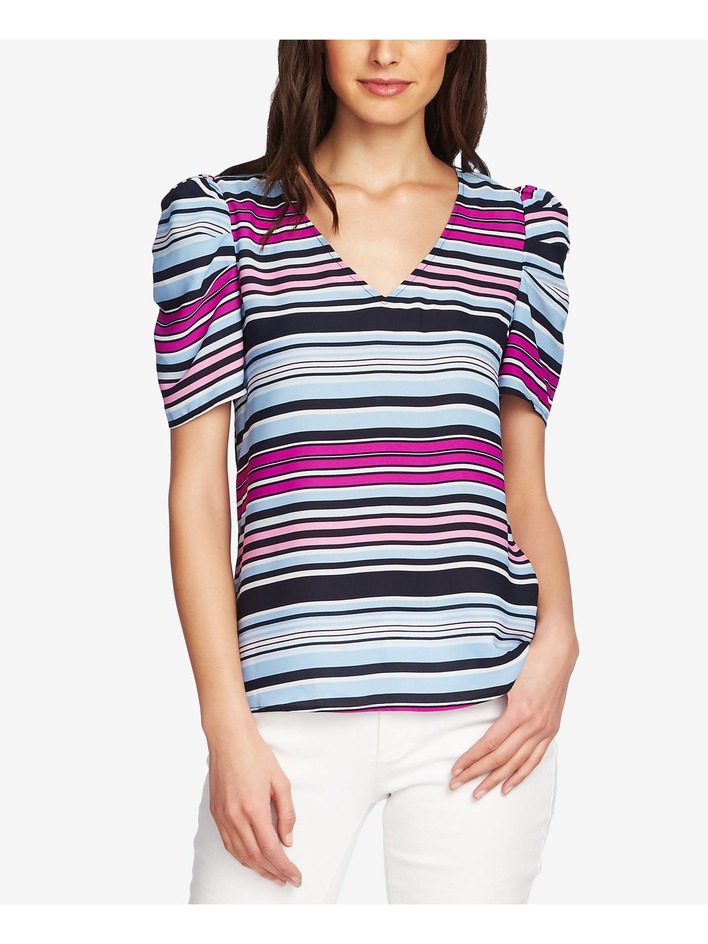 VINCE CAMUTO Womens Blue Striped V Neck Top XXS