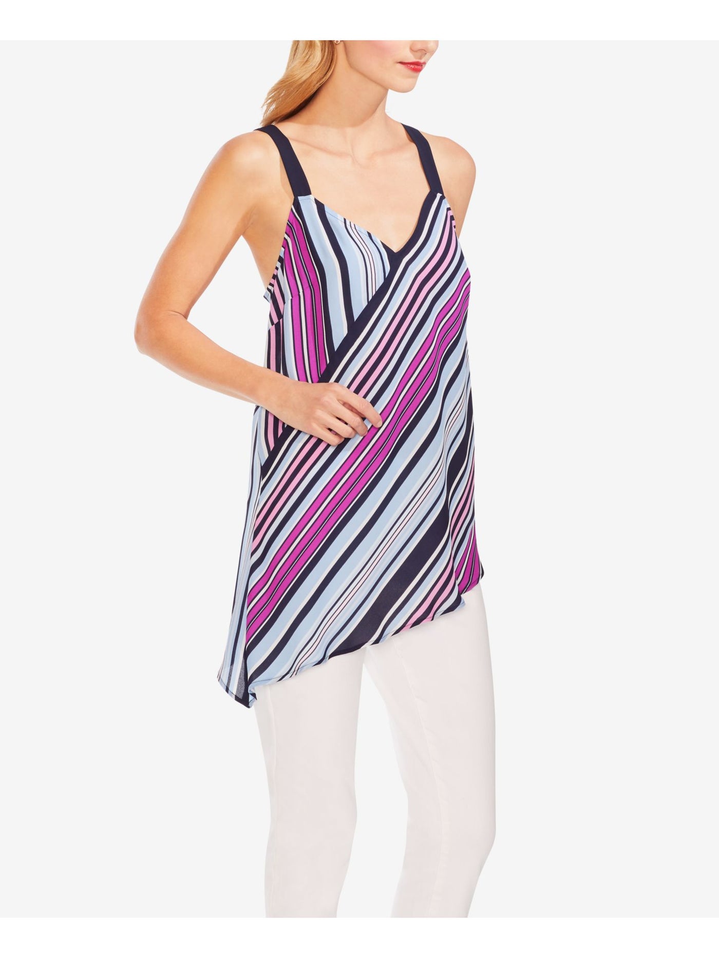 VINCE CAMUTO Womens Blue Striped Sleeveless V Neck Top L
