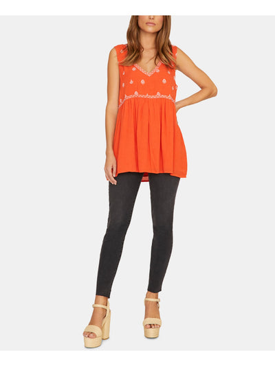 SANCTUARY Womens Orange Embroidered Printed Sleeveless V Neck Tunic Top 2XS