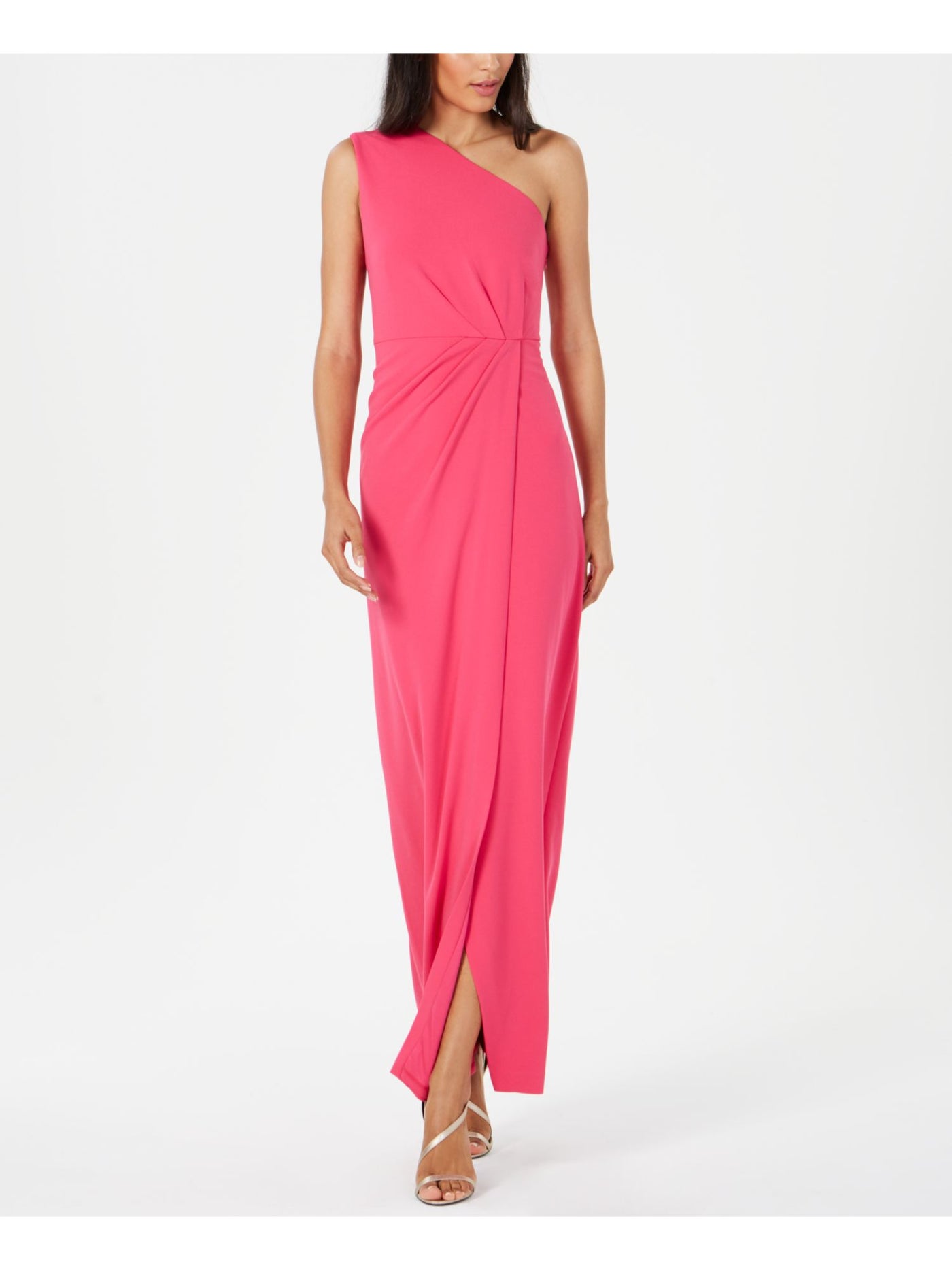 CALVIN KLEIN Womens Pink Ruched Sleeveless Asymmetrical Neckline Maxi Evening Sheath Dress 4