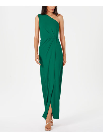 CALVIN KLEIN Womens Green Gathered Sleeveless Asymmetrical Neckline Maxi Evening Sheath Dress 4