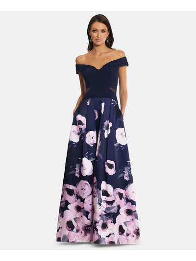 XSCAPE Womens Blue Floral Off Shoulder Full-Length Prom Sheath Dress Petites 4P